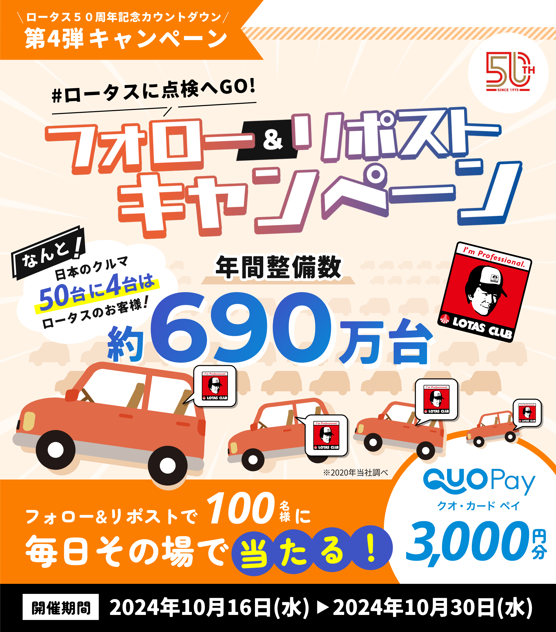 ロータス50周年記念カウントダウン第4弾キャンペーン ＃ロータスに点検へGO！ フォロー＆リポストキャンペーン なんと！日本のクルマ50台に4台はロータスのお客様！年間整備台数約690万台 フォロー＆リポストで100名様にQUOカードPay3,000円分が毎日その場で当たる！ 開催期間は2024年10月16日（水）～2024年10月30日（水）